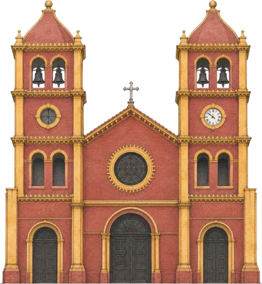 Ilustración de la fachada de la iglesia de Yumbo, en ladrillo rojo, con dos torres, campanas y un reloj