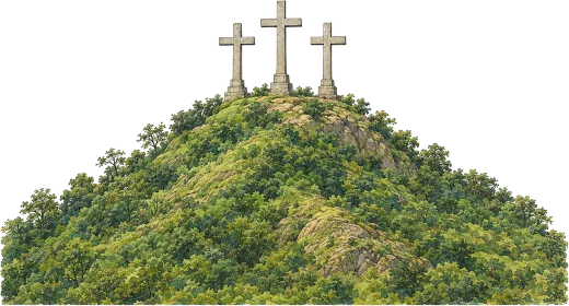 Ilustración del cerro de las Tres Cruces de Yumbo: una colina cubierta de vegetación con tres cruces de piedra sobre pedestales en la cima, la del centro más alta
