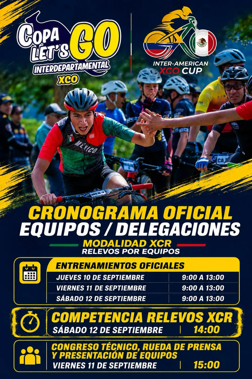 Afiche oficial de la Copa Let's Go Interdepartamental XCO con el cronograma de equipos y delegaciones de la modalidad XCR, relevos por equipos